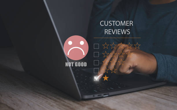 istock Customer satisfaction experience concept. Unhappy man Client with sadness emotion face on laptop. 1465449093