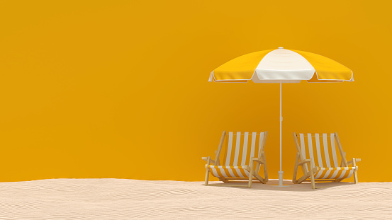 Beach Umbralla and Chair on Sand, Summer Holiday Travel Background, 3d Render.