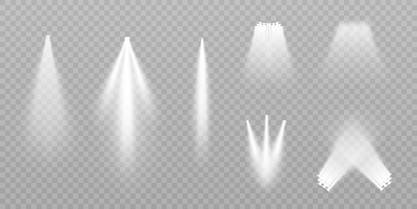 Set of bright light spotlights isolated on transparent background. Vector glowing light effect with transparent rays.Vector for web design and illustrations.