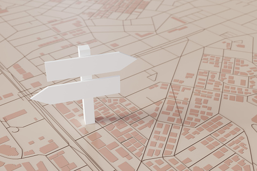 An blank Signpost on a 3D City Map, 3d rendering