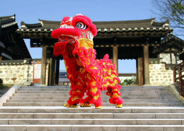 Chinese New Year lion dance celebration stock photo