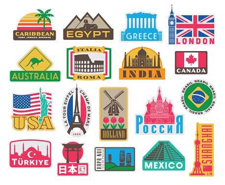 Set of various around the world travel stickers (Caribbean, Egypt, Greece, London, Australia. Italy, India, Canada, USA, Paris, Holland, Russia, Brazil, Turkey, Mexico, China). Vintage luggage labels and stickers, travel suitcase badges with famous tourist iconic attractions, and world landmarks.
