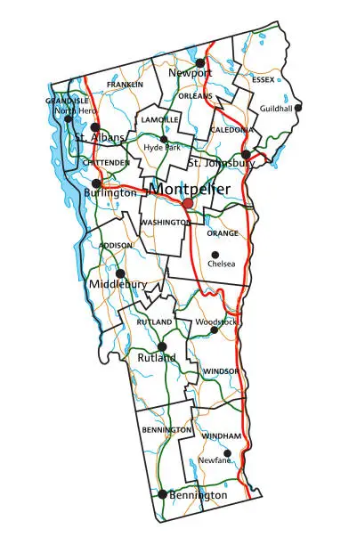 Vector illustration of Vermont road and highway map. Vector illustration.