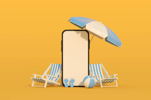 Blank screen mobile smart phone summer beach holiday travel background