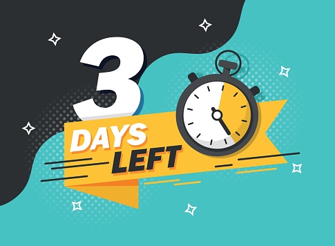3 days left icon in flat style. Offer countdown date number vector illustration on isolated background. Sale promotion timer sign business concept.