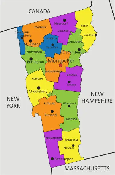 Vector illustration of Colorful Vermont political map with clearly labeled, separated layers. Vector illustration.