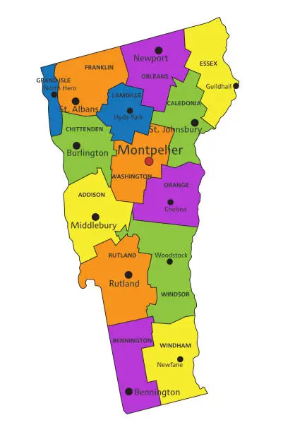 Vector illustration of Colorful Vermont political map with clearly labeled, separated layers. Vector illustration.