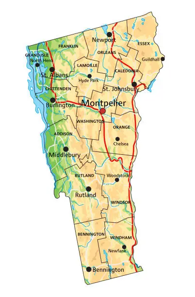 Vector illustration of High detailed Vermont physical map with labeling.