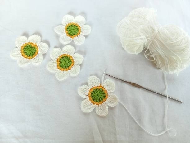 istock Crochet flower pattern crochet hook handmade crafts diy background texture 1465465537