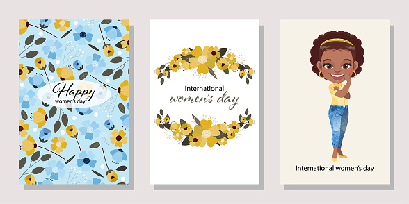 International Women s Day with American African Woman Standing and Flowers Background. Vector templates for card, poster, flyer and other users