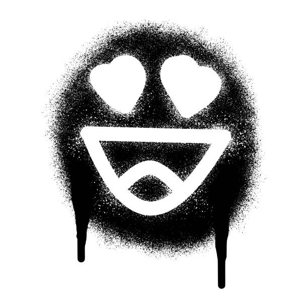 illustrazioni stock, clip art, cartoni animati e icone di tendenza di graffiti di stencil emoticon del viso sorridente con vernice spray nera. - blob ink stained spray