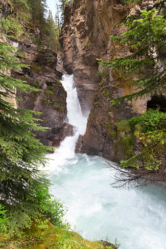 View of Johnson Canyon with Lower Falls in Banff National Park, Alberta, Canada.