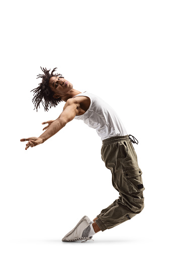 African american male artist dancing isolated on white background