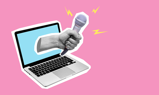 Collage art, a hand with a microphone protruding from a laptop against a pink background. Yellow press from laptop, daily news.