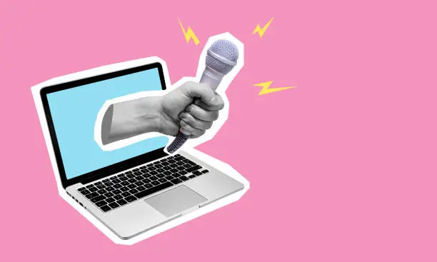 Photo of Collage art, a hand with a microphone protruding from a laptop against a pink background.