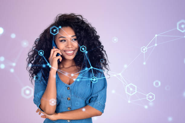 istock African woman talking on the phone, network connection lines 1465475498