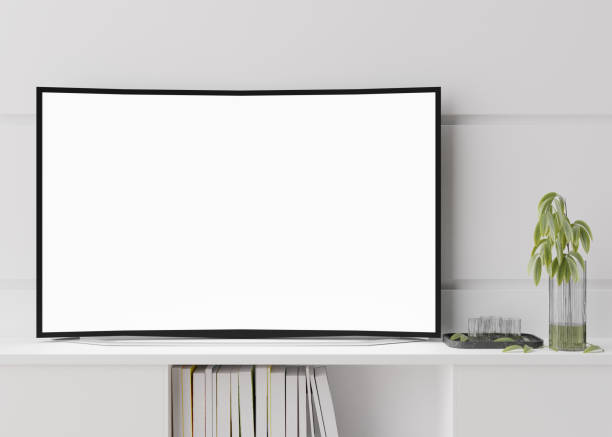 istock TV mock up. LED TV with blank white screen, standing on the sideboard. Copy space for advertising, movie, app presentation. Empty television screen ready for your design. Modern interior. 3D render. 1465476085