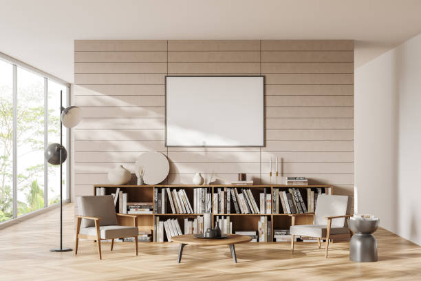 istock Light relaxing room interior with armchairs and decoration. Mockup frame 1465476110
