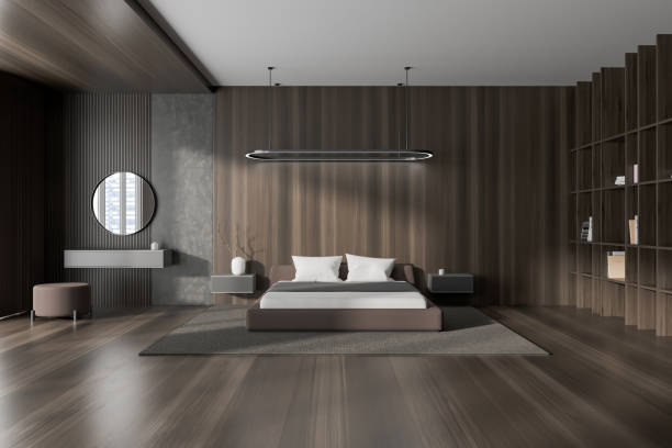 istock Brown bedroom interior with bed, dressing table and shelf with decor 1465476117