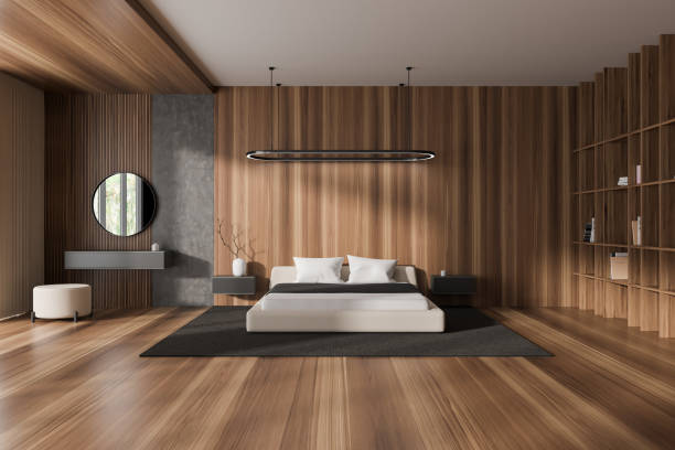 istock Stylish bedroom interior with bed, dressing table and shelf with decor 1465476437