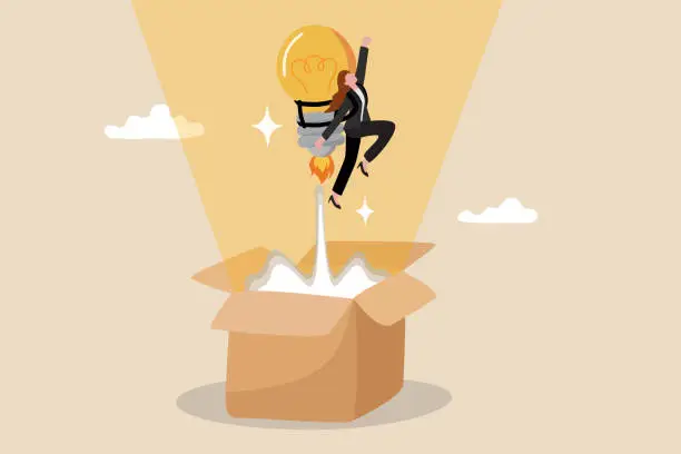 Vector illustration of Idea, creativity or think outside the box, solution or think difference, wisdom or imagination to success concept, smart businesswoman with lightbulb idea as rocket booster flying from open box.