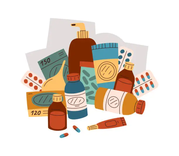 Vector illustration of Pile of different things flat icon Medicines and cosmetics