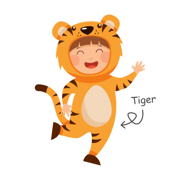 istock Happy child is wearing Tiger animal costumes . Vector . 1465480232
