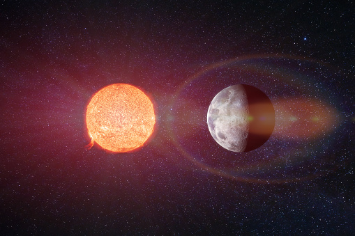 sun and moon in space against the background of the star sky. Astronomy and science concept. Elements of image furnished by NASA.