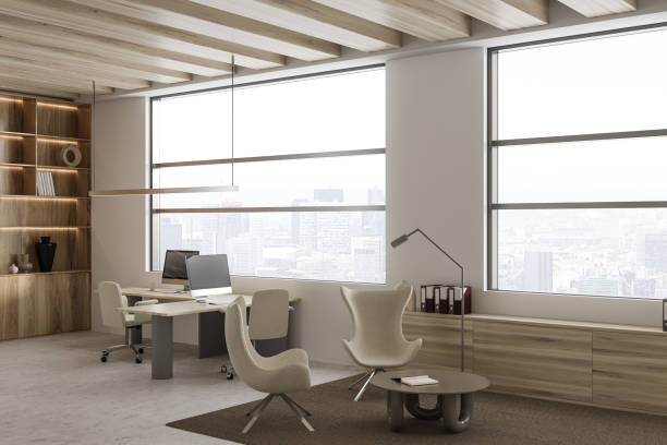 istock Stylish office interior with waiting area and panoramic window on skyscrapers 1465481609