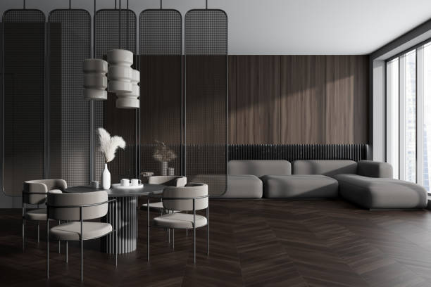istock Grey living room interior with eating and relaxing zone, panoramic window 1465481893