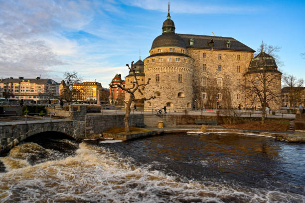 Orebro castle and Black river in Orebro center Sweden february 11 2023
