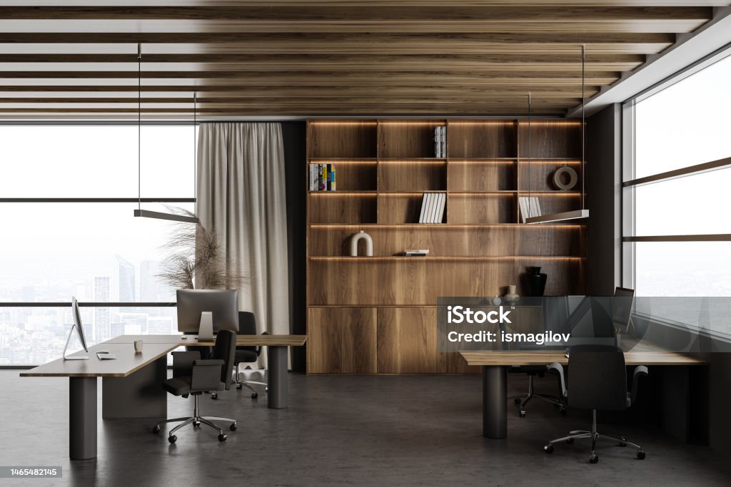 Pretty Computer Office Stylish Office Interior With Pc Computer And Work Desk Near Panoramic ...