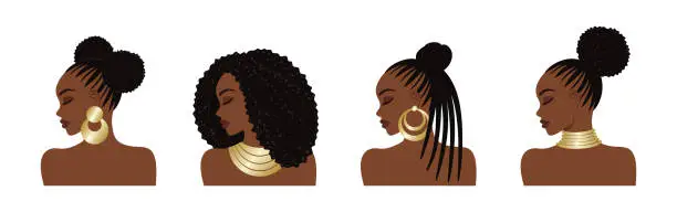Vector illustration of Isolated set of African American women with different hairstyles and gold jewelry