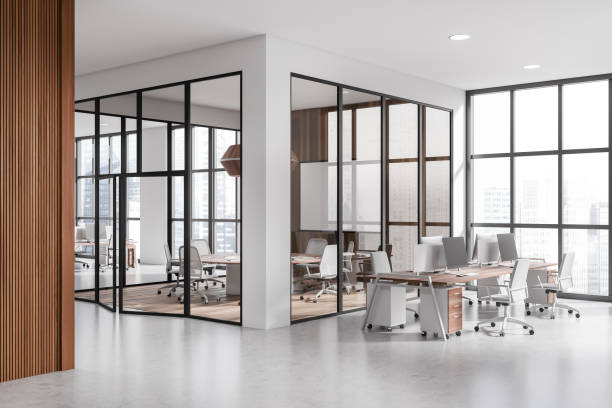 istock Light business room interior with coworking and meeting area, panoramic window 1465483707