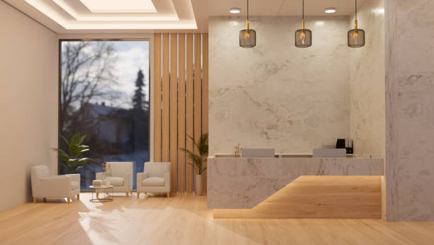 istock Elegance modern reception interior in white marble and wood style with waiting area 1465483870