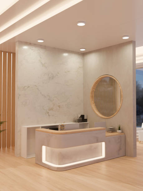 Interior design of a beautiful elegance reception area with luxury white marble counter and wall, hardwood floor and decor. beauty salon reception counter, hotel lobby. 3d render, 3d illustration