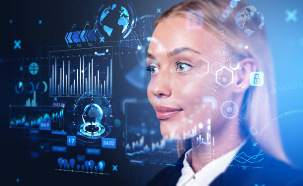 istock Businesswoman smiling portrait, graph chart with financial data and analysis 1465484353