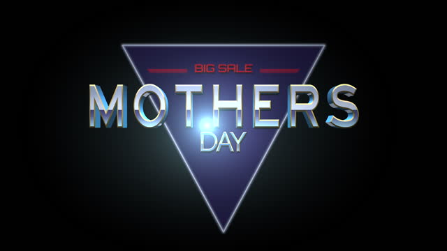 Mothers Day and Big Sale with retro neon triangle on black gradient