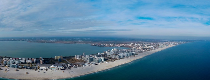 A panoramic aerial of the Mamaia resort at the coastline in Romania