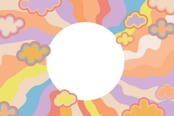 Groovy retro swirl sunburst with rays or stripes and circle frame in the center retro 60s 70s. Clouds. Summer sunshine and carnival background. Pastel color. Groovy retro swirl sunburst with rays or stripes and circle frame in the center retro 60s 70s. Clouds. Summer sunshine and carnival background. Pastel color. Vector. carnival sunshine stock illustrations