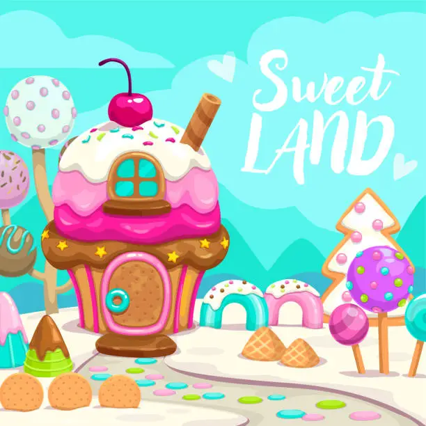 Vector illustration of Cartoon sweet candy land illustration, vector art