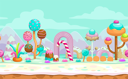 Cartoon sweet candy land seamless illustration, vector fantasy landscape with separated layers for parallax effect. Candyland scene for game design
