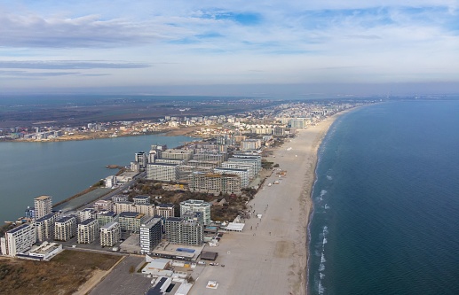 Aerial view of the Mamaia resort in Romania with hotels on the coast