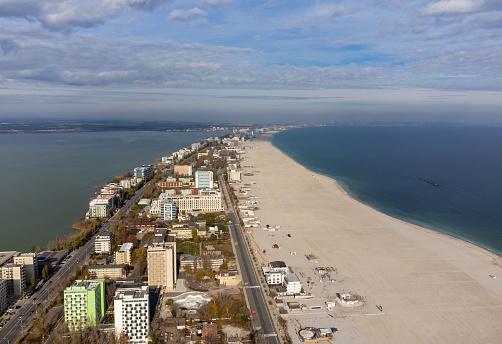 Aerial view of the Mamaia resort in Romania with hotels on the coast