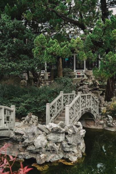 istock a small bridge is leading to a water lily pond surrounded by rocks and shrubs 1465487889