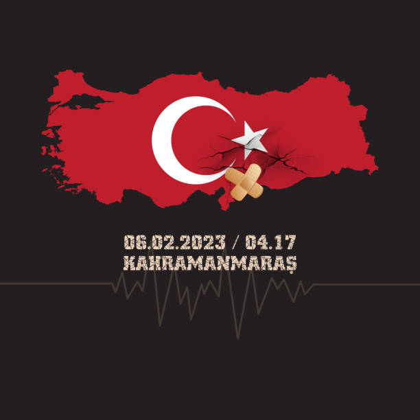 터키 남동부에서 치명적인 파괴적인 지진 충격. 투르키예 카라만마라스의 자연 재해, 2023년 2월 6일. 균열과 접착 석고가있는 turkiye의지도와 깃발. - turkey earthquake stock illustrations