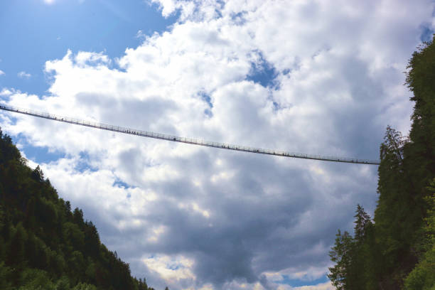 istock Low angle shot of a suspension bridge in Reutte, Austria under a cloudy sky 1465488413