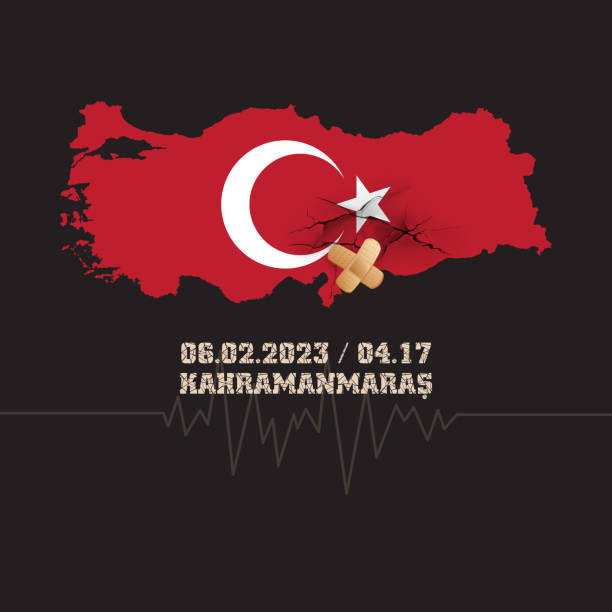 ilustrações, clipart, desenhos animados e ícones de catastrófico devastador terremoto no sudeste da turquia. desastre natural em kahramanmaras, turkiye, 06 de fevereiro de 2023. mapa e bandeira de turkiye com rachaduras e gesso adesivo. - tbl