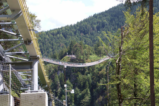 istock Side view of a suspension bridge in Reutte, Austria under a cloudy sky 1465488462