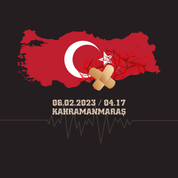 ilustrações, clipart, desenhos animados e ícones de catastrófico devastador terremoto no sudeste da turquia. desastre natural em kahramanmaras, turkiye, 06 de fevereiro de 2023. mapa e bandeira de turkiye com rachaduras e gesso adesivo. - tbl